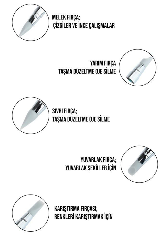 Tırnak Süsleme Nail Art 5'li Fırça Seti Renkli Taşlı
