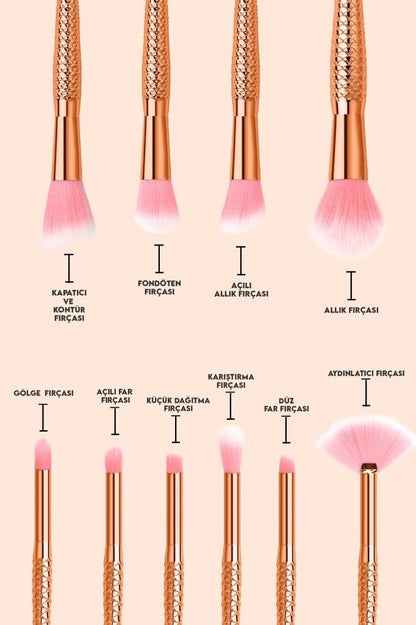 10'lu Parlak Balık Makyaj Fırça Seti Gold Renk