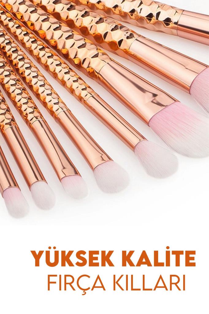 10'lu Parlak Balık Makyaj Fırça Seti Gold Renk