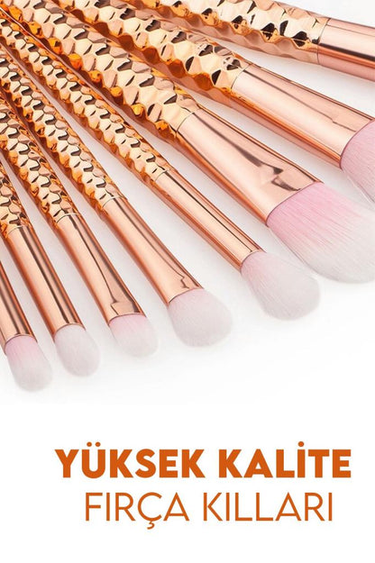 10'lu Parlak Balık Makyaj Fırça Seti Gold Renk
