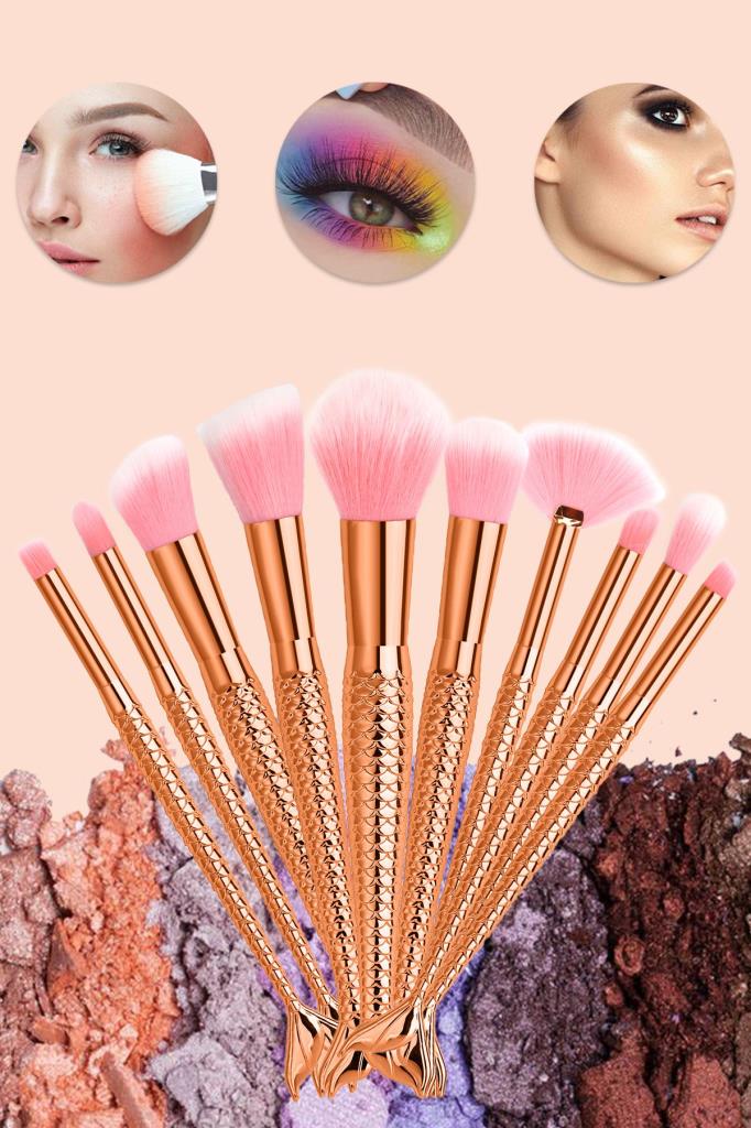 10'lu Parlak Balık Makyaj Fırça Seti Gold Renk