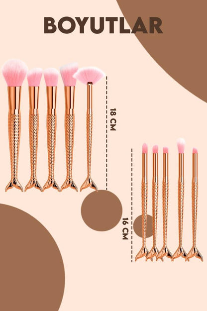 10'lu Parlak Balık Makyaj Fırça Seti Gold Renk