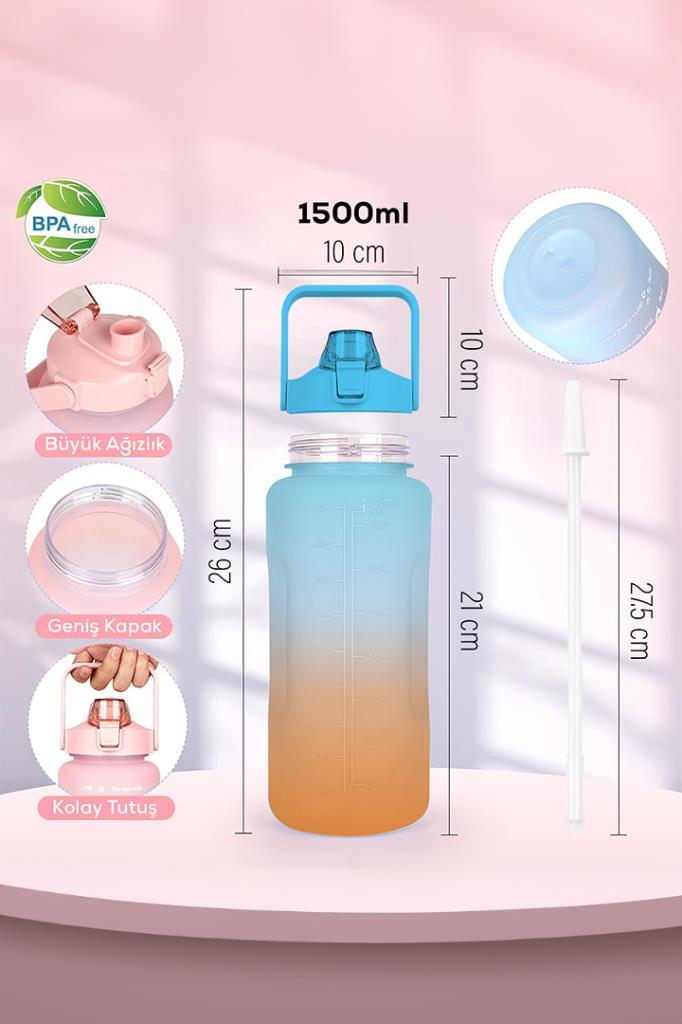 1500 Ml Pipetli Renkli Matara Mavi