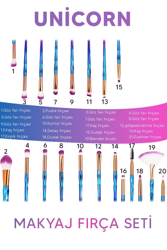 20’li Unicorn Desenli Mor Uçlu Makyaj Fırça Seti