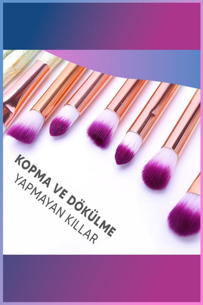 20’li Unicorn Desenli Mor Uçlu Makyaj Fırça Seti