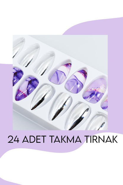 24'lü Parlak Mor-Gümüş Takma Tırnak T-85 F