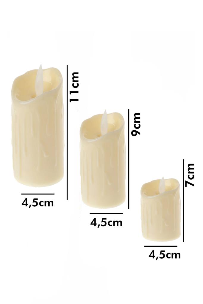 3'lü Krem Erimiş Görünümlü Led Mum - Saat Pilli