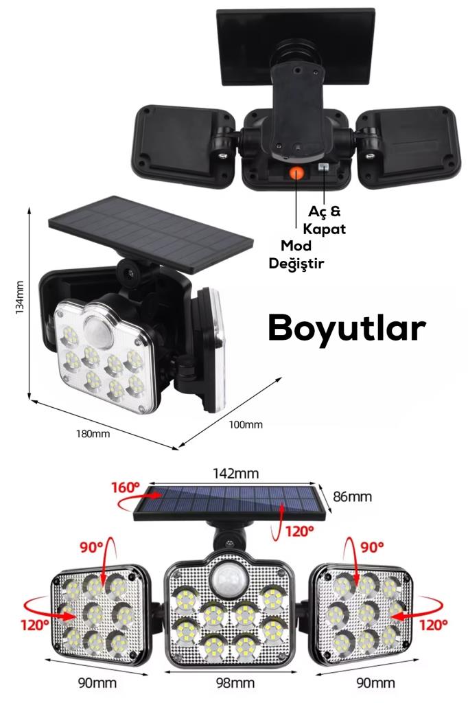3 Modlu, Hareket Sensörlü, Su Geçirmez, Uzaktan Kumandalı Solar LED Lamba
