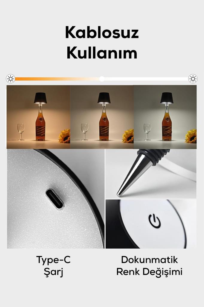 3 Modlu, Şarjlı, Dokunmatik, Kablosuz Dekoratif Şişe Lambası