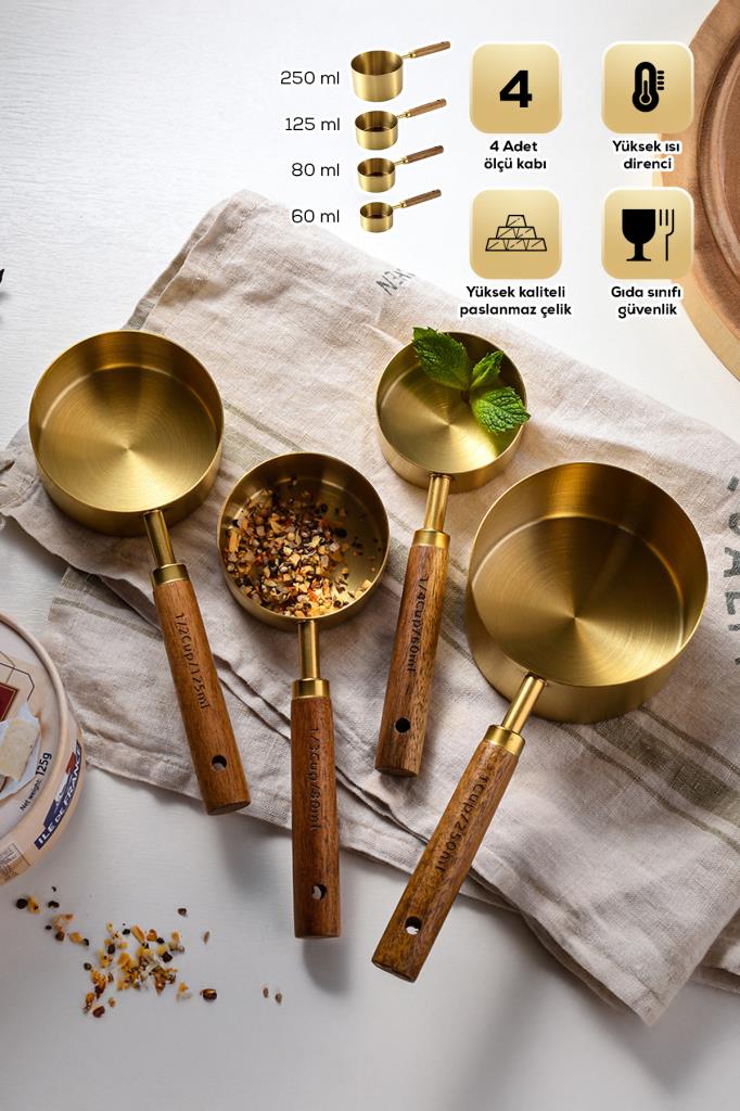 4’lü Ahşap Saplı Gold Paslanmaz Çelik Ölçü Kabı Seti