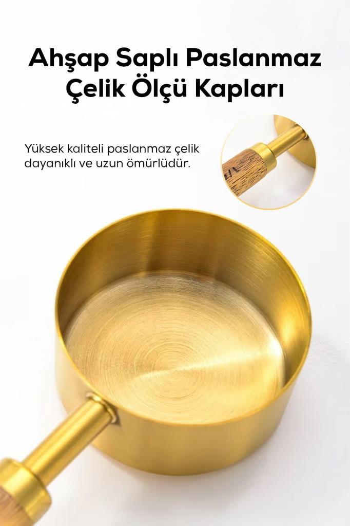 4’lü Ahşap Saplı Gold Paslanmaz Çelik Ölçü Kabı Seti