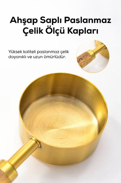 4’lü Ahşap Saplı Gold Paslanmaz Çelik Ölçü Kabı Seti