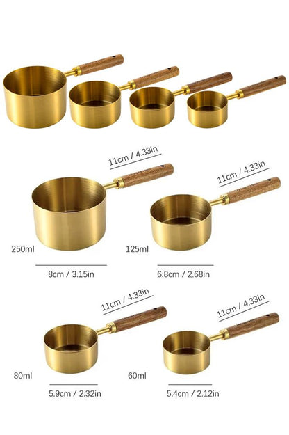 4’lü Ahşap Saplı Gold Paslanmaz Çelik Ölçü Kabı Seti