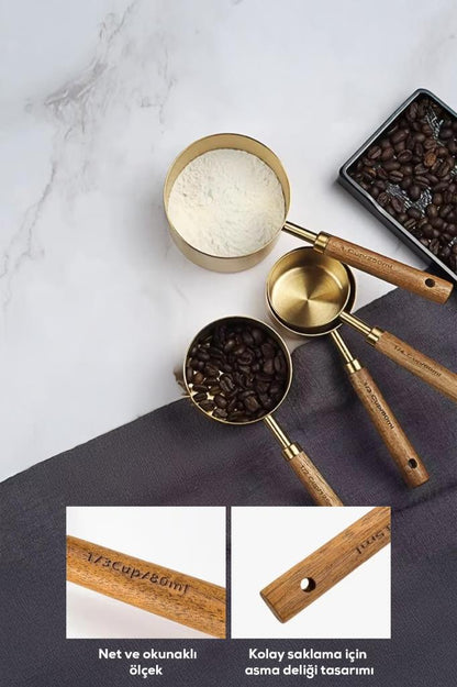 4’lü Ahşap Saplı Gold Paslanmaz Çelik Ölçü Kabı Seti