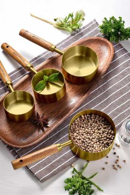 4’lü Ahşap Saplı Gold Paslanmaz Çelik Ölçü Kabı Seti