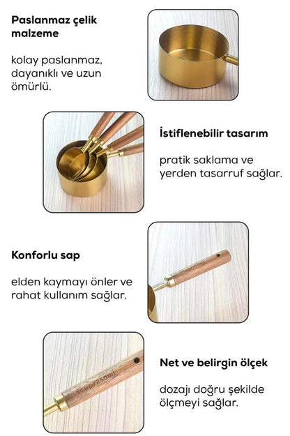 4’lü Ahşap Saplı Gold Paslanmaz Çelik Ölçü Kabı Seti