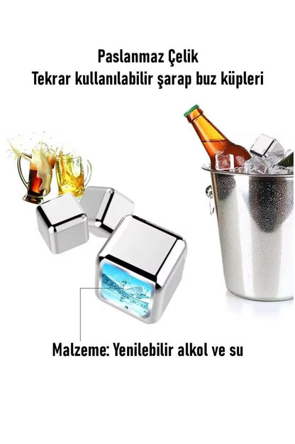 4'lü Çelik Buz Küpü ve Maşa Seti