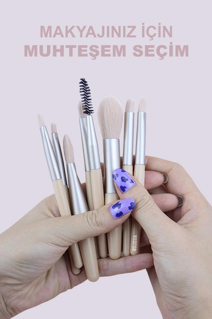 8'li Kiremit Renkli Fırça Bej Kılıflı Makyaj Fırça Seti