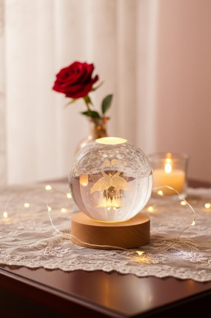 Ahşap Tabanlı Aşık Kuğular Figürlü LED Işıklı Küre