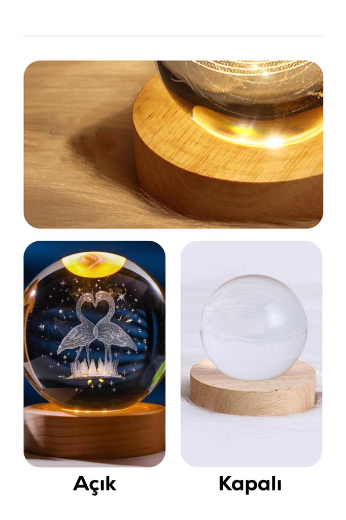 Ahşap Tabanlı Aşık Kuğular Figürlü LED Işıklı Küre