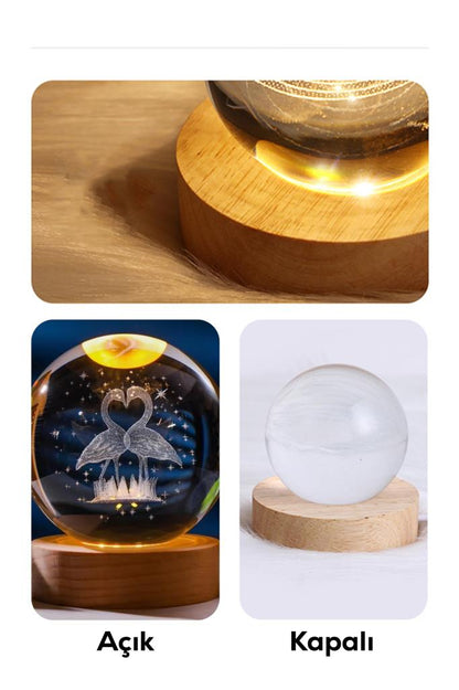Ahşap Tabanlı Aşık Kuğular Figürlü LED Işıklı Küre