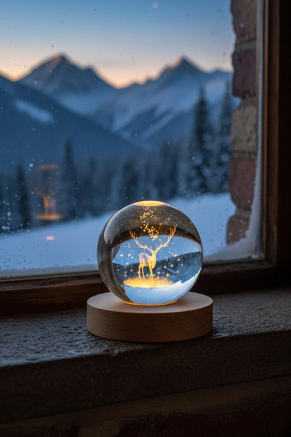 Ahşap Tabanlı Geyik Figürlü LED Işıklı Küre
