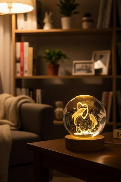 Ahşap Tabanlı Kalpli Aşık Yunuslar Figürlü LED Işıklı Küre