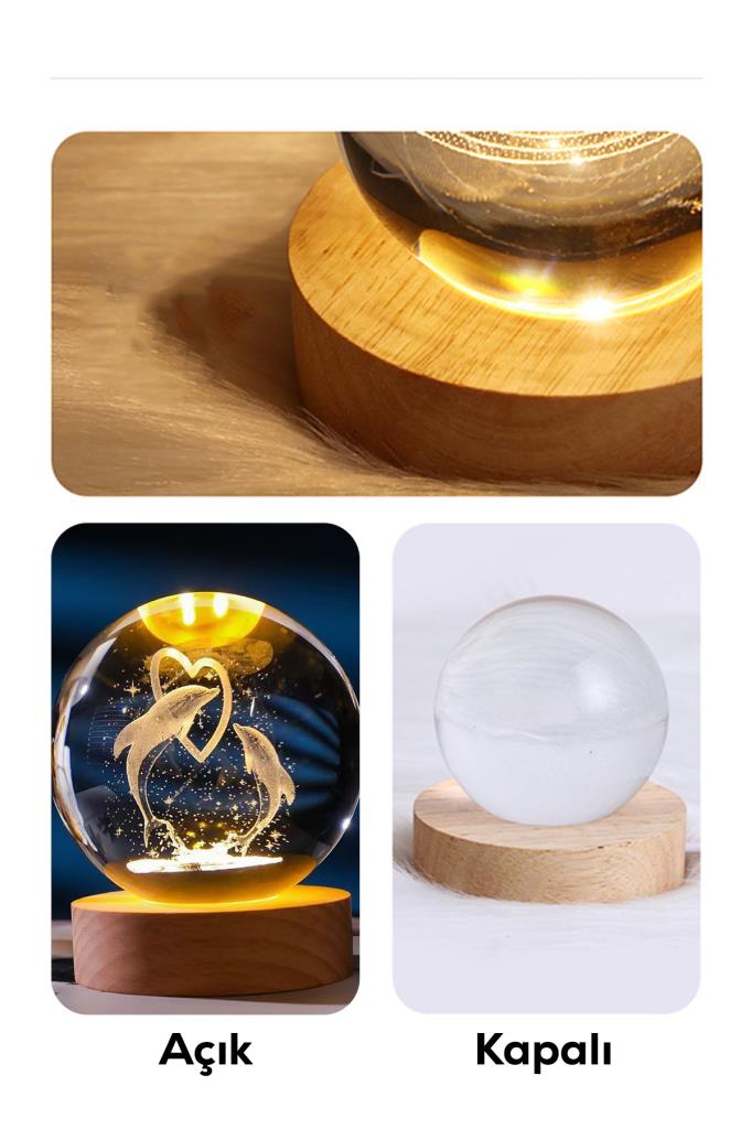 Ahşap Tabanlı Kalpli Aşık Yunuslar Figürlü LED Işıklı Küre