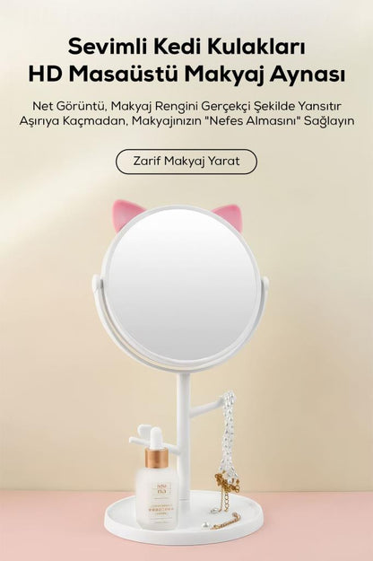 Ayarlanabilir Kedi Kulaklı Ve Takı Askılı Makyaj Aynası PEMBE RENK
