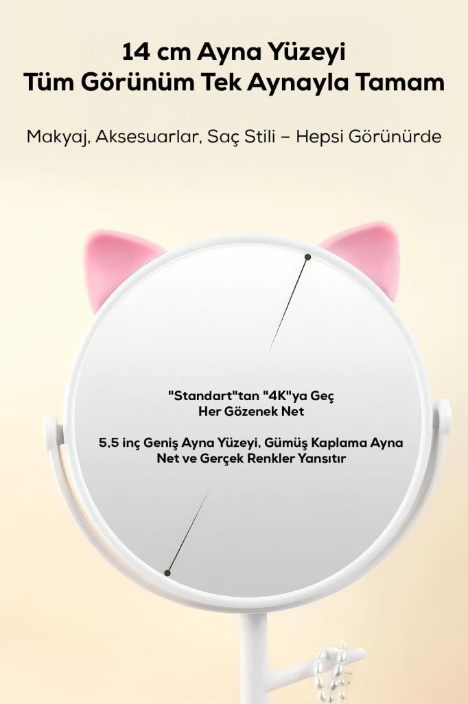 Ayarlanabilir Kedi Kulaklı Ve Takı Askılı Makyaj Aynası PEMBE RENK