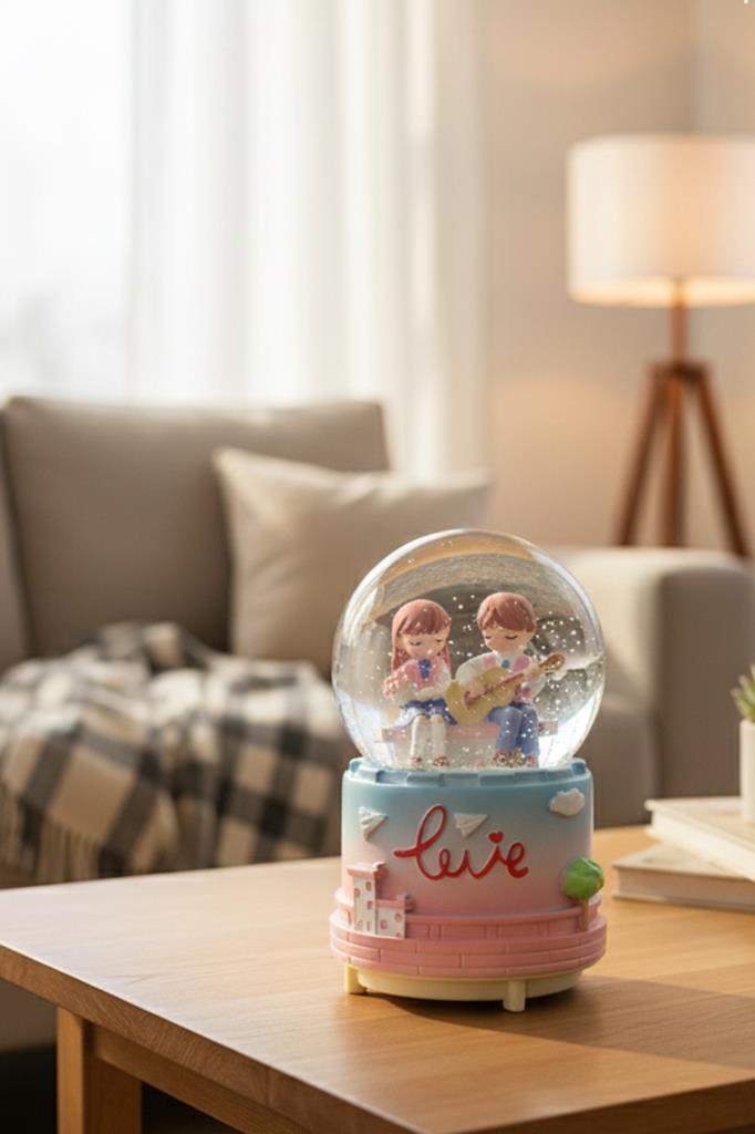 Bankta Gitar Çalan Sevgili Figürlü Müzikli LED Işıklı Kar Küresi