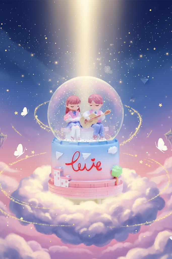 Bankta Gitar Çalan Sevgili Figürlü Müzikli LED Işıklı Kar Küresi