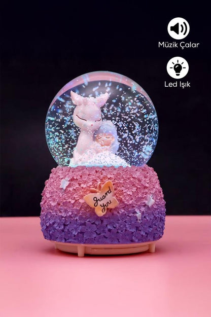 Beyaz Ceylan Figürlü Müzikli LED Işıklı Kar Küresi