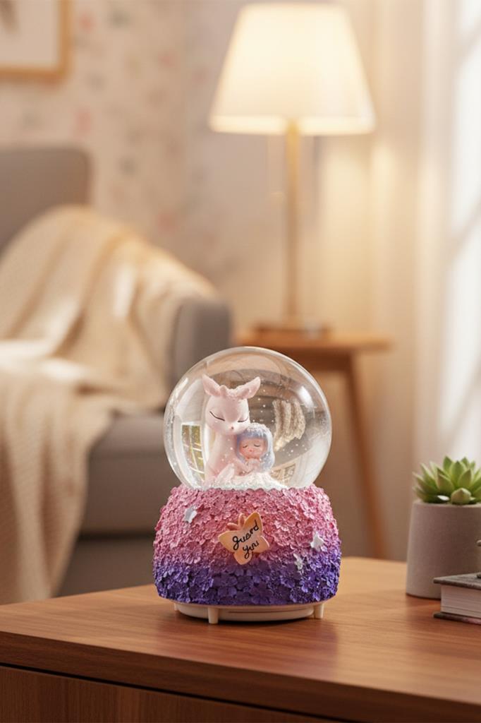 Beyaz Ceylan Figürlü Müzikli LED Işıklı Kar Küresi