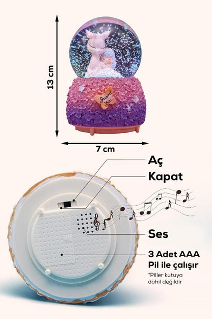 Beyaz Ceylan Figürlü Müzikli LED Işıklı Kar Küresi
