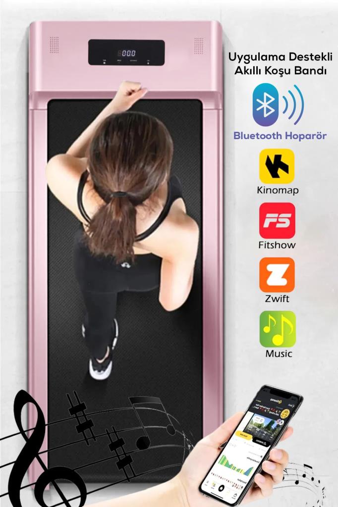 Bluetoothlu , Uygulamadan Ayarlanabilir Uzaktan Kumandalı Yürüme Ve Koşu Bandı Pembe Renkli