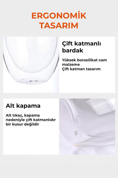 Çift Katmanlı Borosilikat Cam Termos Kapaklı Bardak