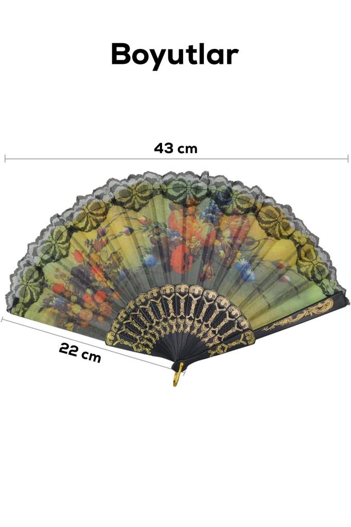 Dantel Kenarlı Renkli Çiçek Desenli Yelpaze