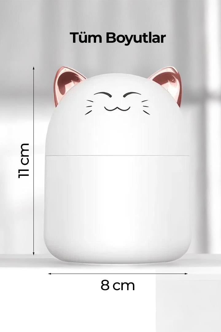 RGB Ledli Taşınabilir Hava Nemlendiricisi Kedi Tasarımlı Buhar Makinesi  (Beyaz Gözleri Kısık)