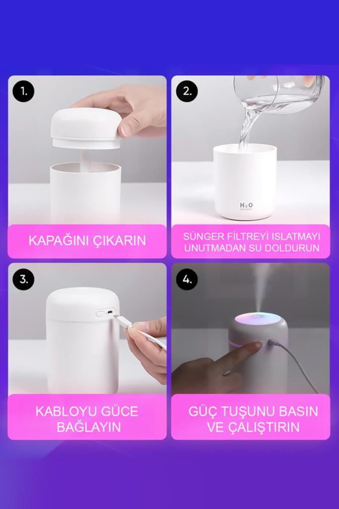 H2o Humidifier Hava-Oda- Araç Nemlendirici Led Işıklı Buhar Makinesi Beyaz