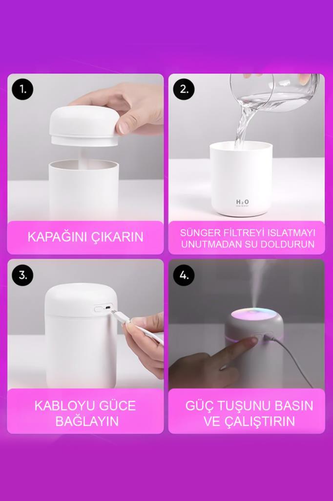 H2o Humidifier Hava-Oda- Araç Nemlendirici Led Işıklı Buhar Makinesi Pembe