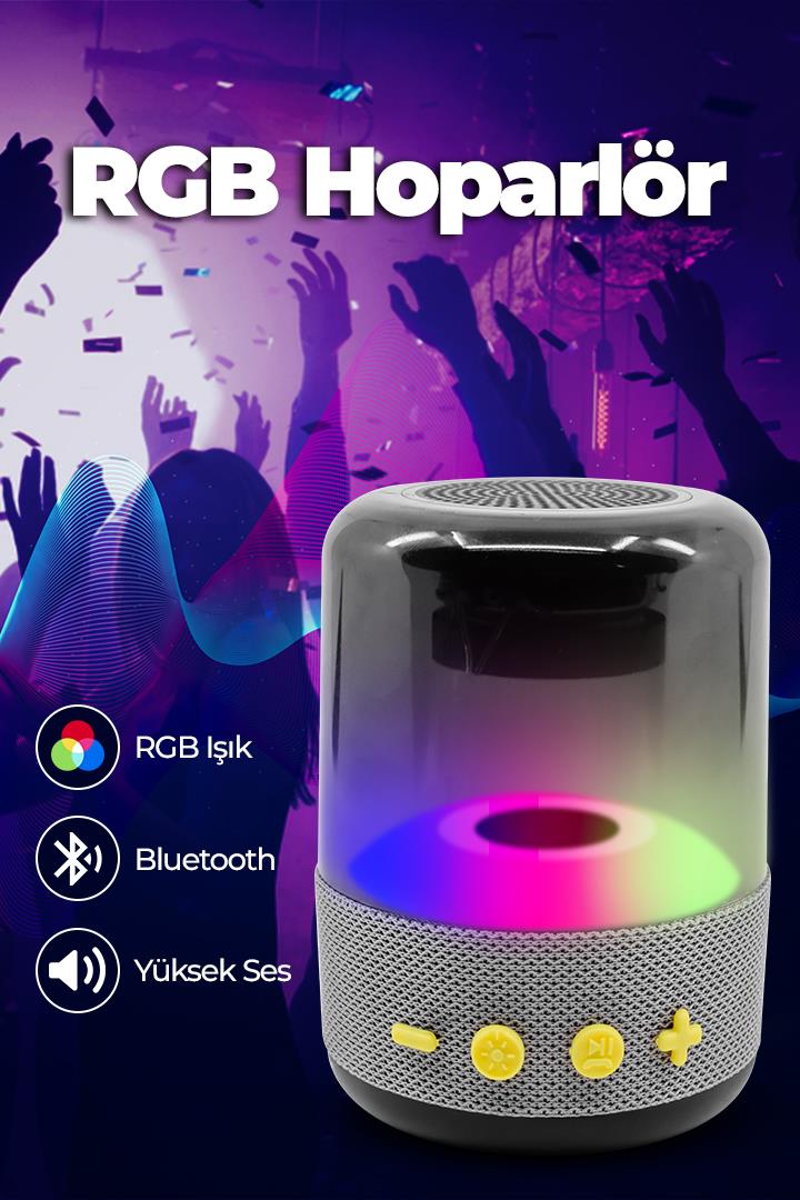 Işıklı Taşınabilir Bluetooth Hoparlör Gri