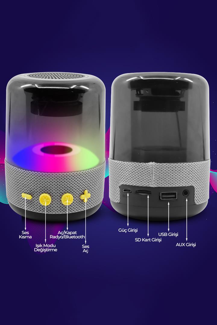 Işıklı Taşınabilir Bluetooth Hoparlör Gri