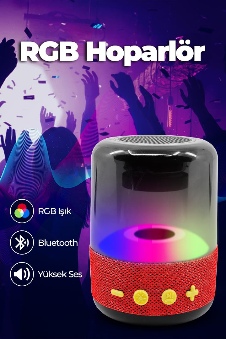 Işıklı Taşınabilir Bluetooth Hoparlör Kırmızı