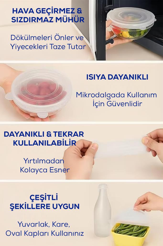 Isıya Dayanıklı Sızdırmaz 6’lı Silikon Streç Kapak Seti