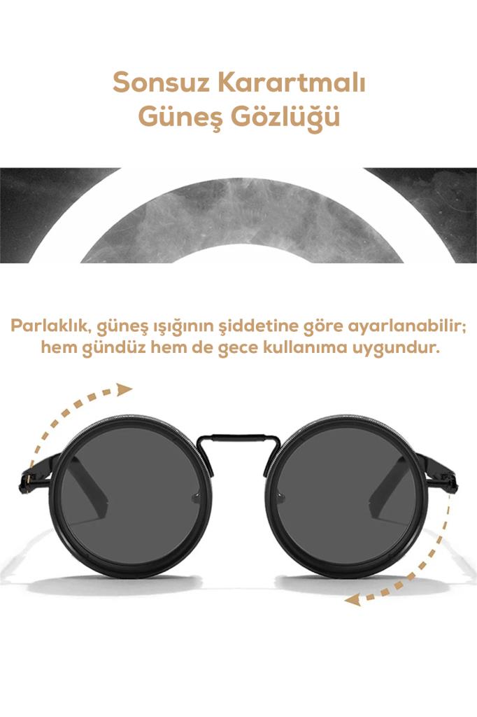 Karartma Özellikli Yuvarlak Metal Çerçeveli Güneş Gözlüğü