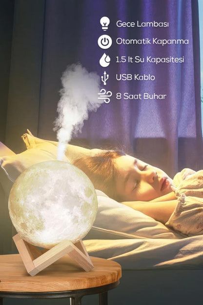 (KIRILABİLİR) Buharlı Standlı 3D Ay Gece Lambası Dekoratif Küre Led