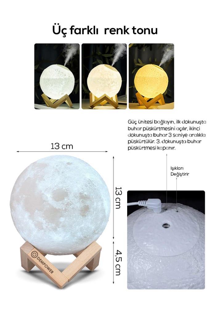 (KIRILABİLİR) Buharlı Standlı 3D Ay Gece Lambası Dekoratif Küre Led
