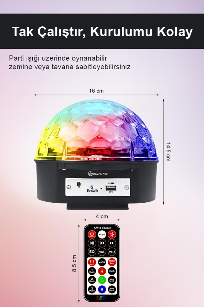 (KIRILABİLİR) Disko Topu Renkli Led Işıklı Bluetooht Özellikli Sese Duyarlı MP3 Çalar