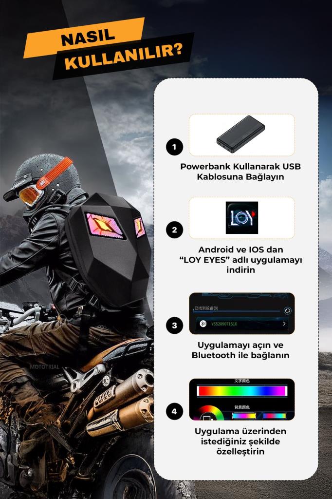 LED Gözlü Bluetooth Bağlantılı Motorcu Sırt Çantası
